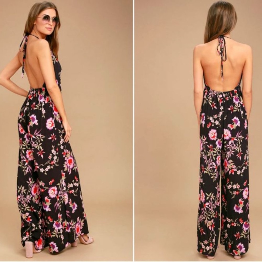 Floral Halter Wide-Leg Jumpsuit in Black & Pink